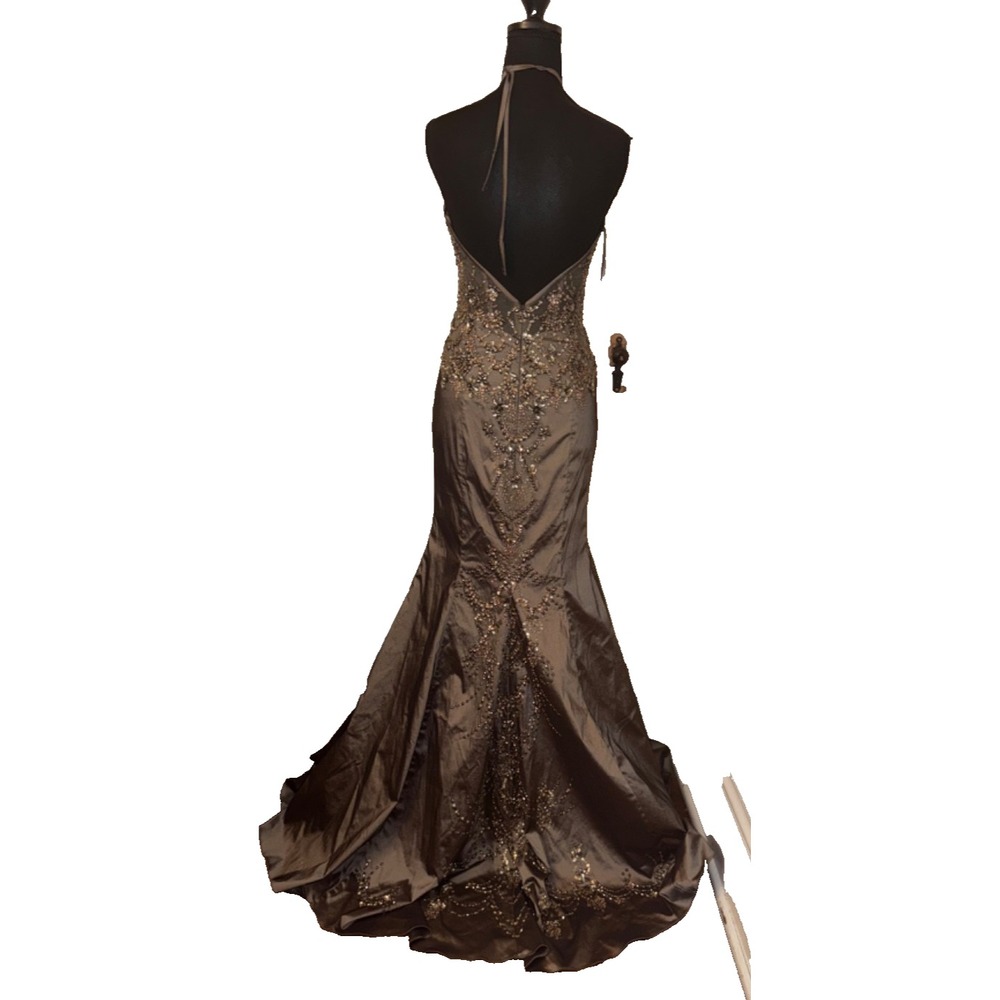 Morilee Madeline Gardner Taupe Formal Beaded Gown Halter Dress‎ Sz 6 Black Tie - Picture 6 of 16